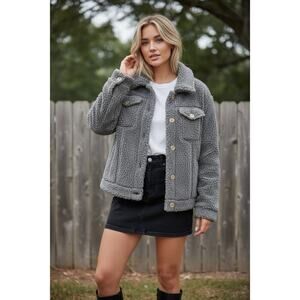 Polagram Sherpa Jacket Medium Taupe Faux Fur Button Front Teddy Coat